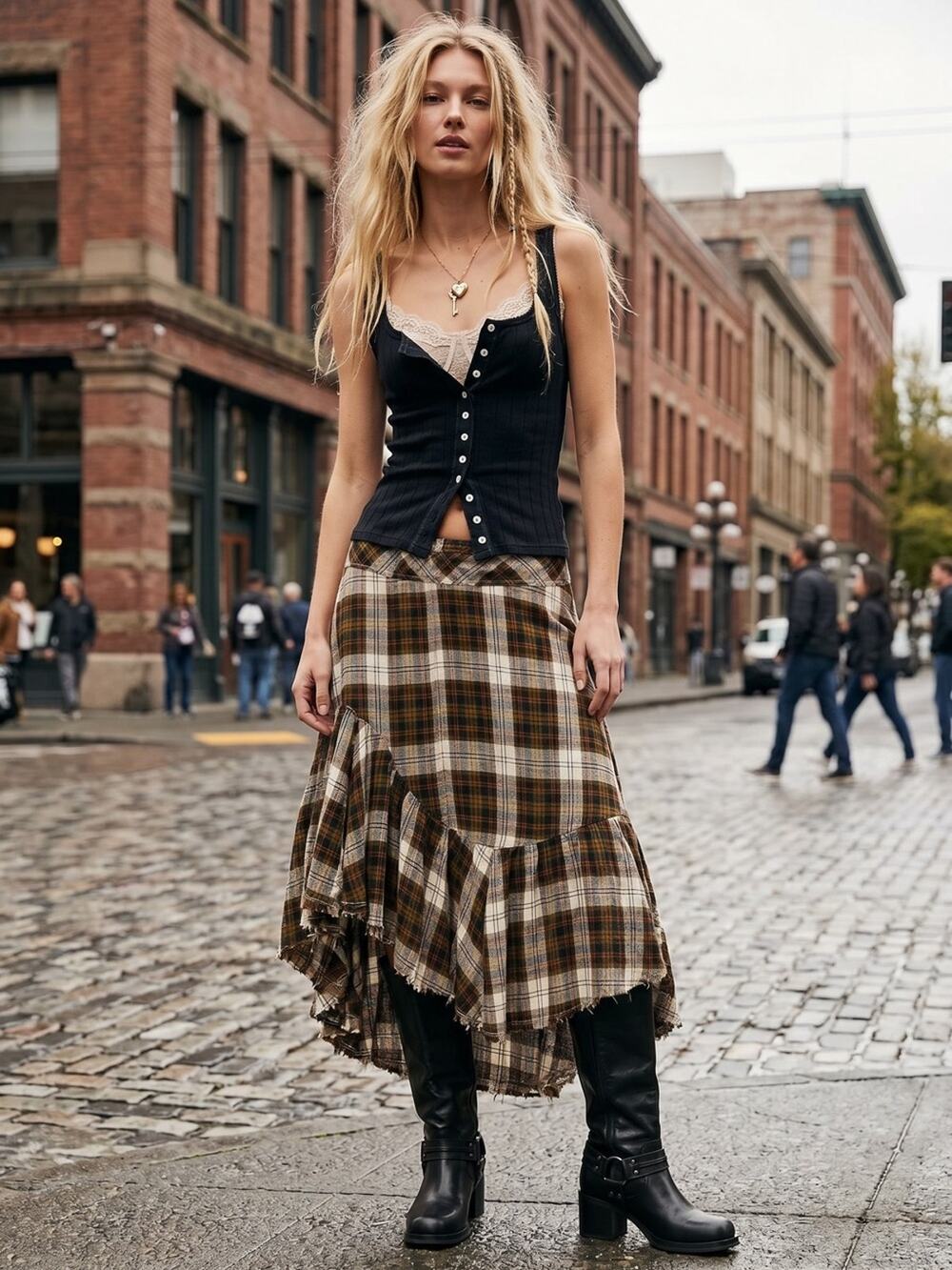 Free People Grunge 90s Asymmetrical Distressed Plaid Marcelline Maxi Skirt Small